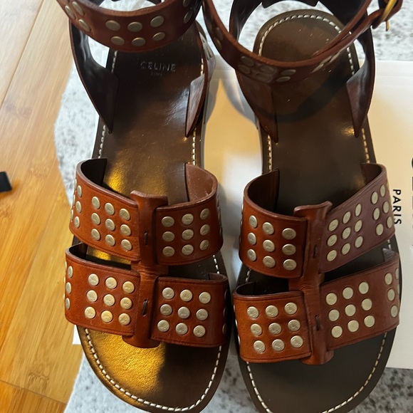 Celine cognac brown gold studded gladiator sandals size 41 / 11 - Picture 4 of 9